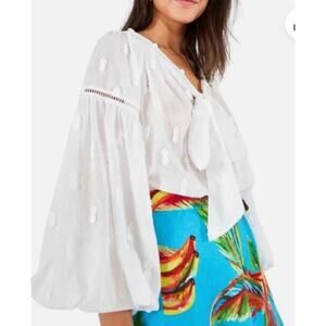 Farm Rio White Pineapple Embroidered Long Sleeve Boho Blouse Size Large Cotton